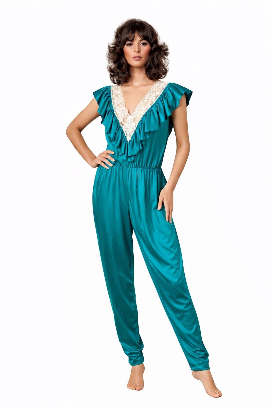 Vintage 70s Lady Cameo Dallas teal lace Ruffle Disco jumpsuit USA Made medium